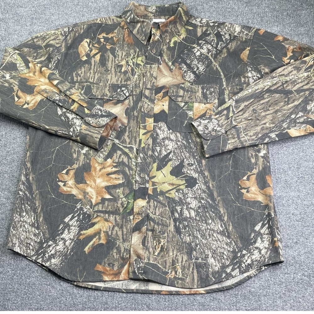 Jerzees Outdoors Button Down Shirt Mens 2XL Camo Mossy Oak Break Up Long Sleeve